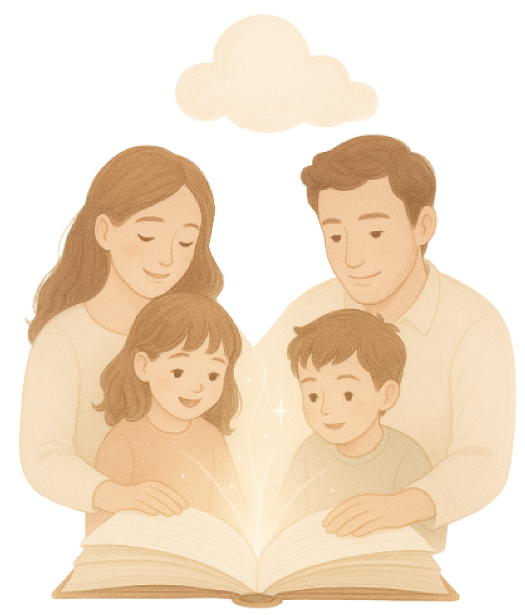 Family with books - parents and child holding hands